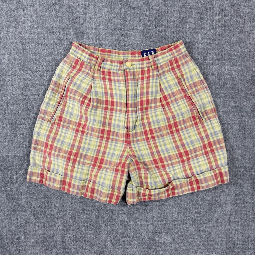 Vintage Gap Plaid Shorts Womens 4 Red Yellow High Waisted Linen Cotton Pleated